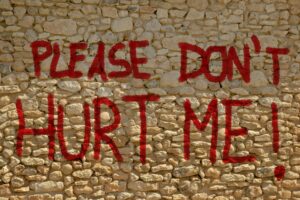 "Please Don't Hurt Me" painted on a wall. Suggests brutality and that competitive aikido is bad