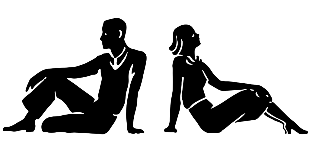 Drawing of a man and a woman sat down facing away from each other.